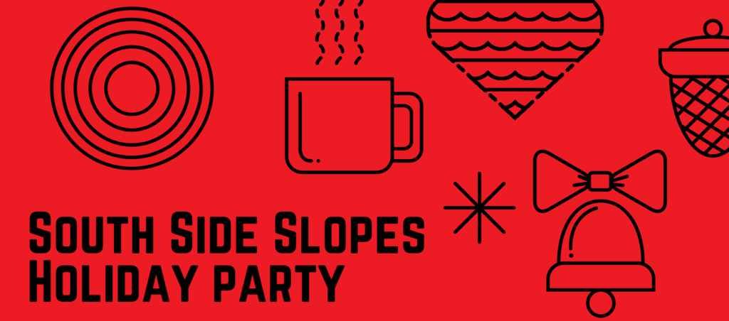 South Side Slopes Holiday Party postcard is red with